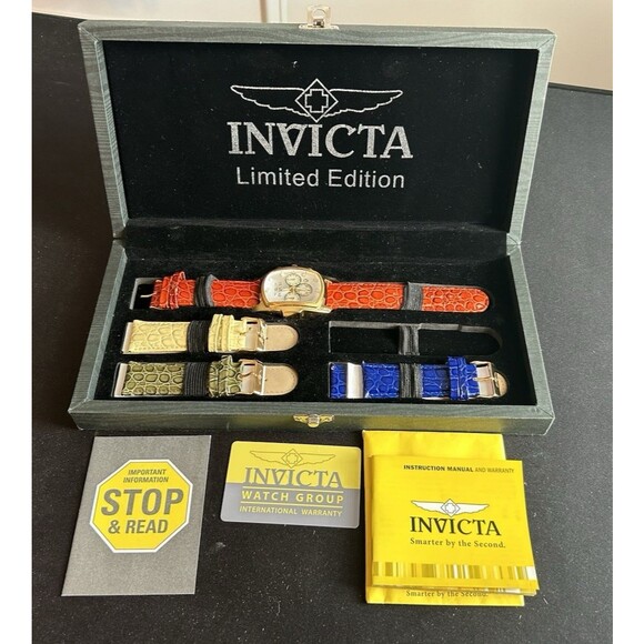 Invicta 14314 Limited Edition Watch 4 Leather Bands Box Papers Quartz Gold Tone